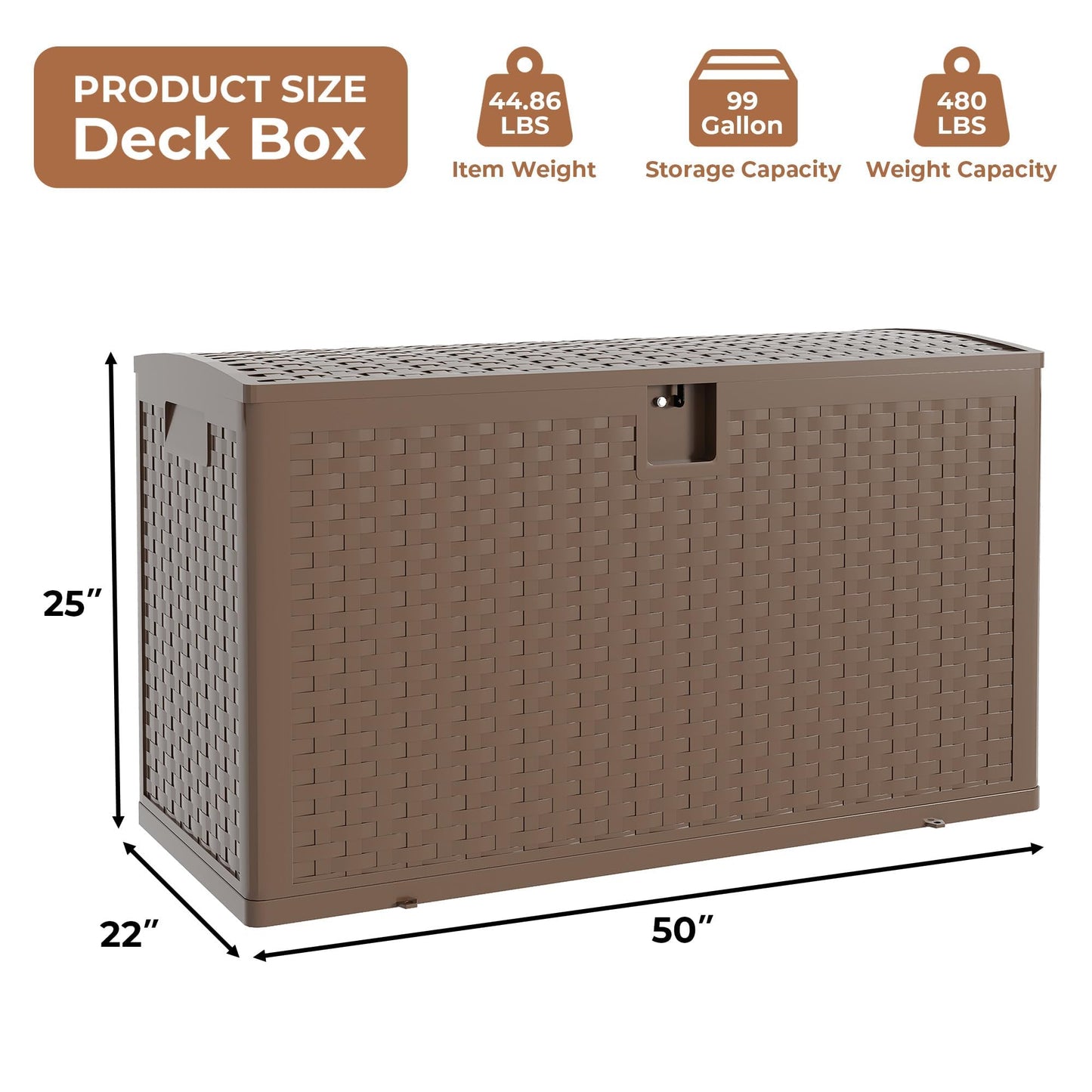 Hetoy 99 Gallon Resin Deck Storage Box, Waterproof Weather-Resistant Outdoor Storage Bin, Lockable Design for Patio Cushions, Garden Tools and Package Delivery, Brown