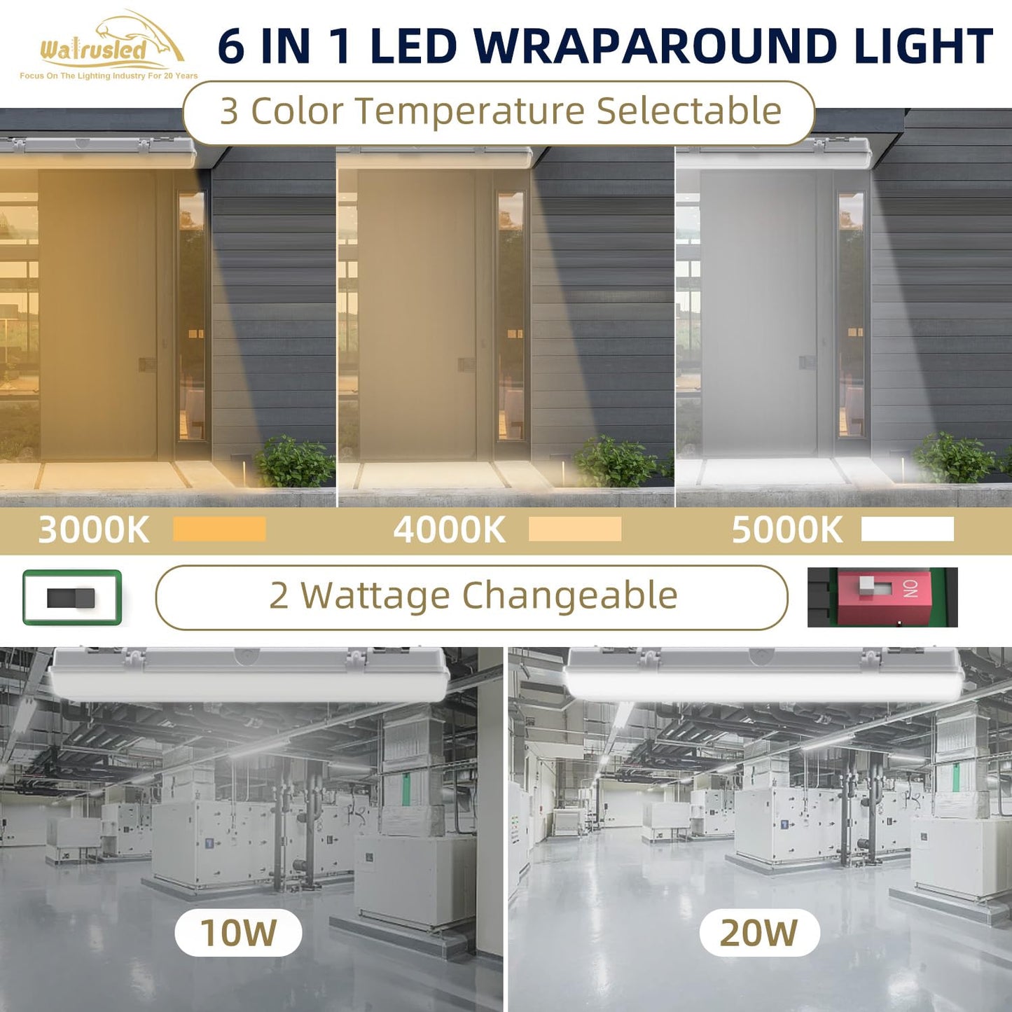 2FT LED Vapor Tight Light, IP65 IK08, 10W(1250lm)/20W(2500lm), 3/4/5000K CCT Selectable, 100-277V, Outdoor Waterproof Shop Light, Vapor Proof Lighting Fixture for Carport Parking Garage, FCC 2-Pack