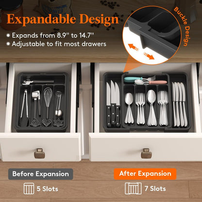 Lifewit Silverware Drawer Organizer, Expandable Utensil Tray for Kitchen, BPA Free Flatware and Cutlery Holder, Adjustable Plastic Storage for Spoons Forks Knives, 8.9-14.7 x 12.2", White