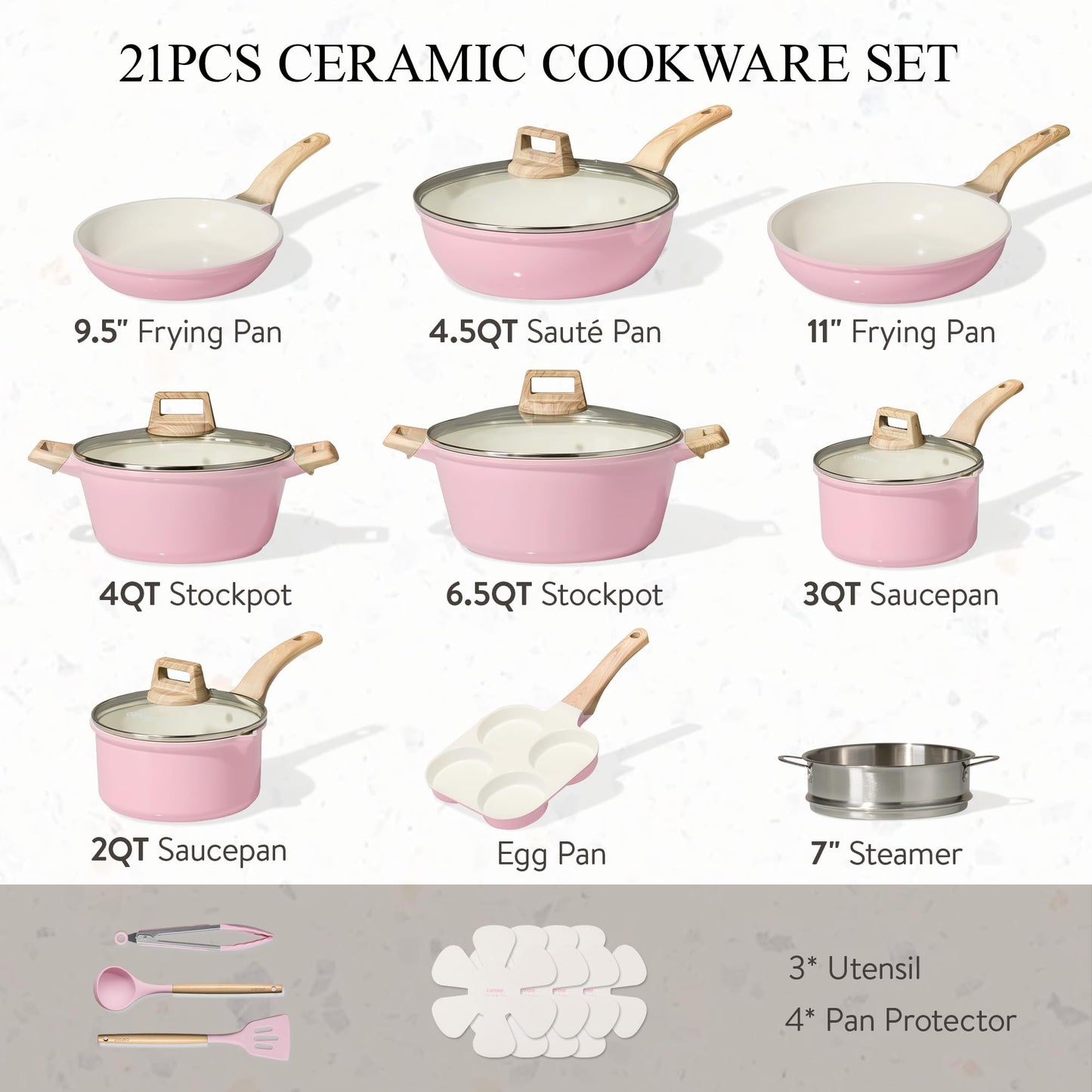 CAROTE 21 PCS Ceramic Cookware Set, Pots and Pans Set Non Stick, Pot and Pan Set with Frying pan, Induction Ready Cooking Set for Kitchen, PFOS/PFOA/PFAS Free, Pink