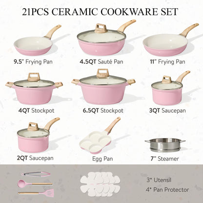 CAROTE 21 PCS Ceramic Cookware Set, Pots and Pans Set Non Stick, Pot and Pan Set with Frying pan, Induction Ready Cooking Set for Kitchen, PFOS/PFOA/PFAS Free, Pink
