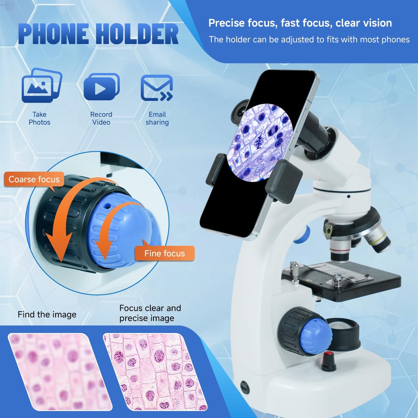 Binocular Microscope 40X-1000X LED Lighting for Kids Students Adults School Lab Home Education with Microscope Slides Set,Phone Adapter