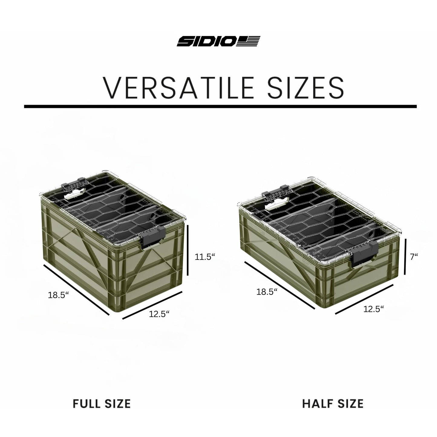 SIDIO CRATE Starter Pack - Two Full Size and One Half Size SidioCrate, Stackable Outdoor Organizer Storage Bins with Clear Lid and Dividers - Green