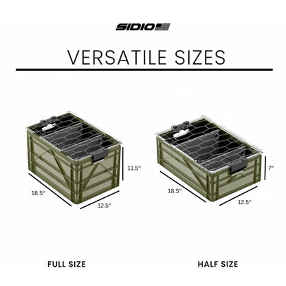 SIDIO CRATE Starter Pack - Two Full Size and One Half Size SidioCrate, Stackable Outdoor Organizer Storage Bins with Clear Lid and Dividers - Green