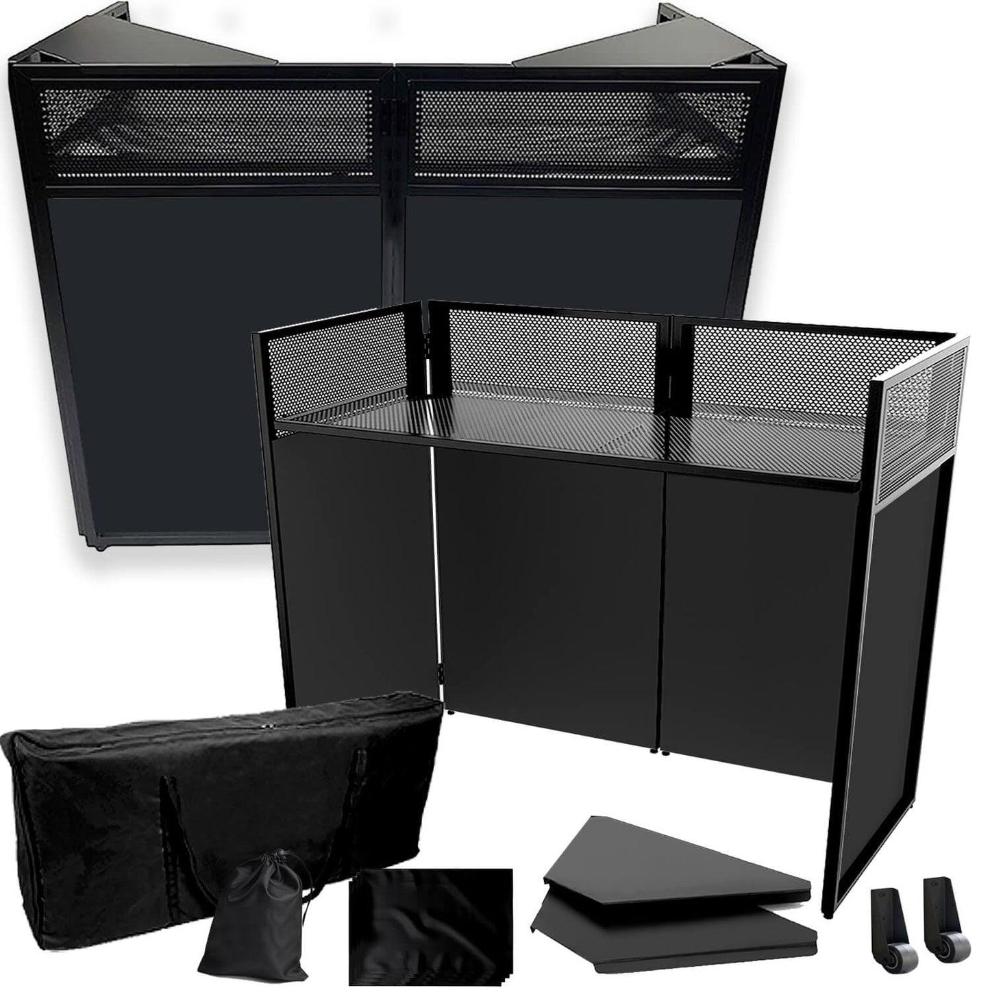 2026 Upgraded DJ Booth Stand Portable – 45"L x 25"W Foldable DJ Facade Booth with Dual Corner Panels, Wheels, Mobile DJ Controller Stand with Scrim & Carry Bag for Weddings, Parties & Events