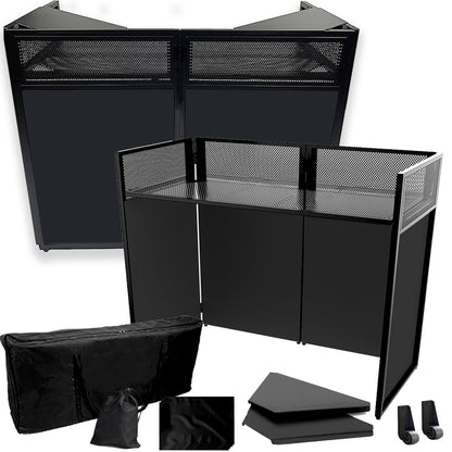 2026 Upgraded DJ Booth Stand Portable – 45"L x 25"W Foldable DJ Facade Booth with Dual Corner Panels, Wheels, Mobile DJ Controller Stand with Scrim & Carry Bag for Weddings, Parties & Events