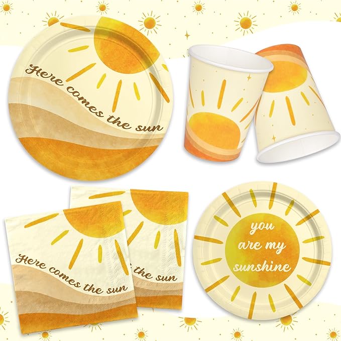 Boho Sun-Theme Birthday Party Supply Set Complete Baby Shower Decorations with Sunshine Disposable Paper Plates Cups Tablecloth Banner and Napkins for 25 Boho Baby Shower Party Decorations.