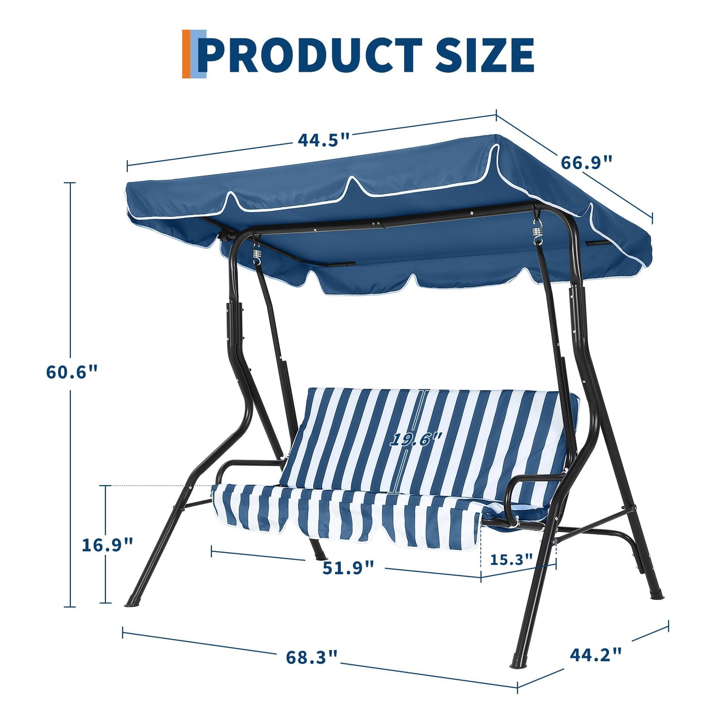 Outdoor Patio Swing Chair with Adjustable Canopy 3-Seat Heavy-Duty Steel Frame Porch Swing with Stand Thick Waterproof Cushions for Garden Backyard Lawn Front Porch