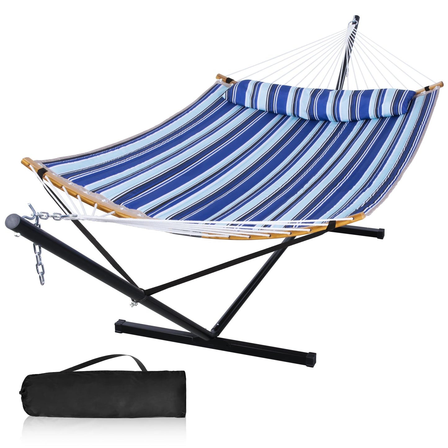 Mansion Home 12 Ft Hammock with Stand for Outside, 2 Person Hammock Freestanding with Curved Spreader Bars, Pillow and Portable Bag, Heavy Duty 450 Lbs, Blue Stripes