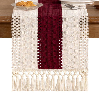 Socomi Boho Table Runner Easter Spring Farmhouse Rustic Dining Kitchen Centerpiece Decor Small Macrame Woven Cotton Linen Coffee Table Runner for Dresser Scarf Home Decor 12x36 in Burgundy Ivory