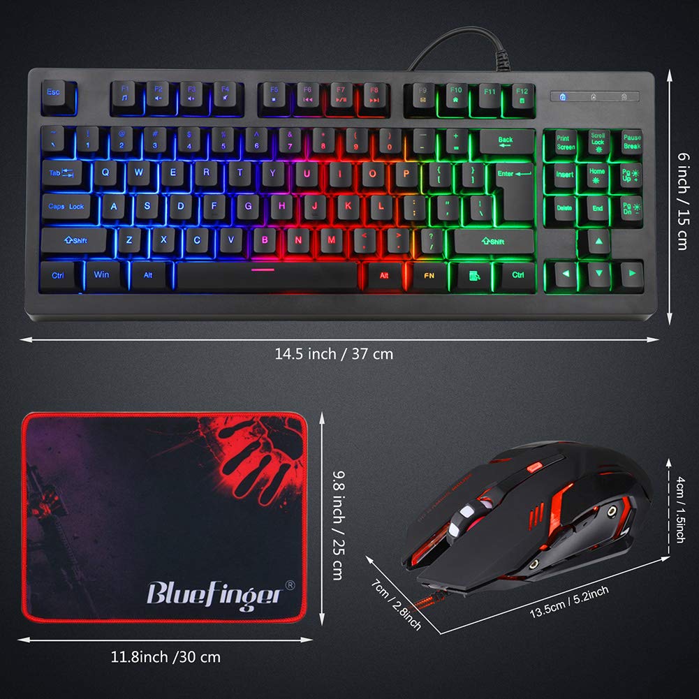 BlueFinger RGB 87 Keys Gaming Keyboard and Backlit Mouse Combo, 75% USB Wired Rainbow Keyboard, Gaming Set for Laptop PC Computer Game and Work