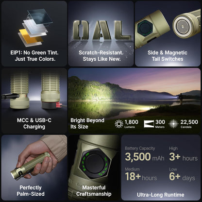 OLIGHT BatonUltra EDC Flashlight Rechargeable, 1800-Lumen 6 Modes Pocket Light with Pure White Light, USB C Bright LED Flashlights with Magnetic Tail Switch for Home Use, Camping, Outdoor(Olive Green)