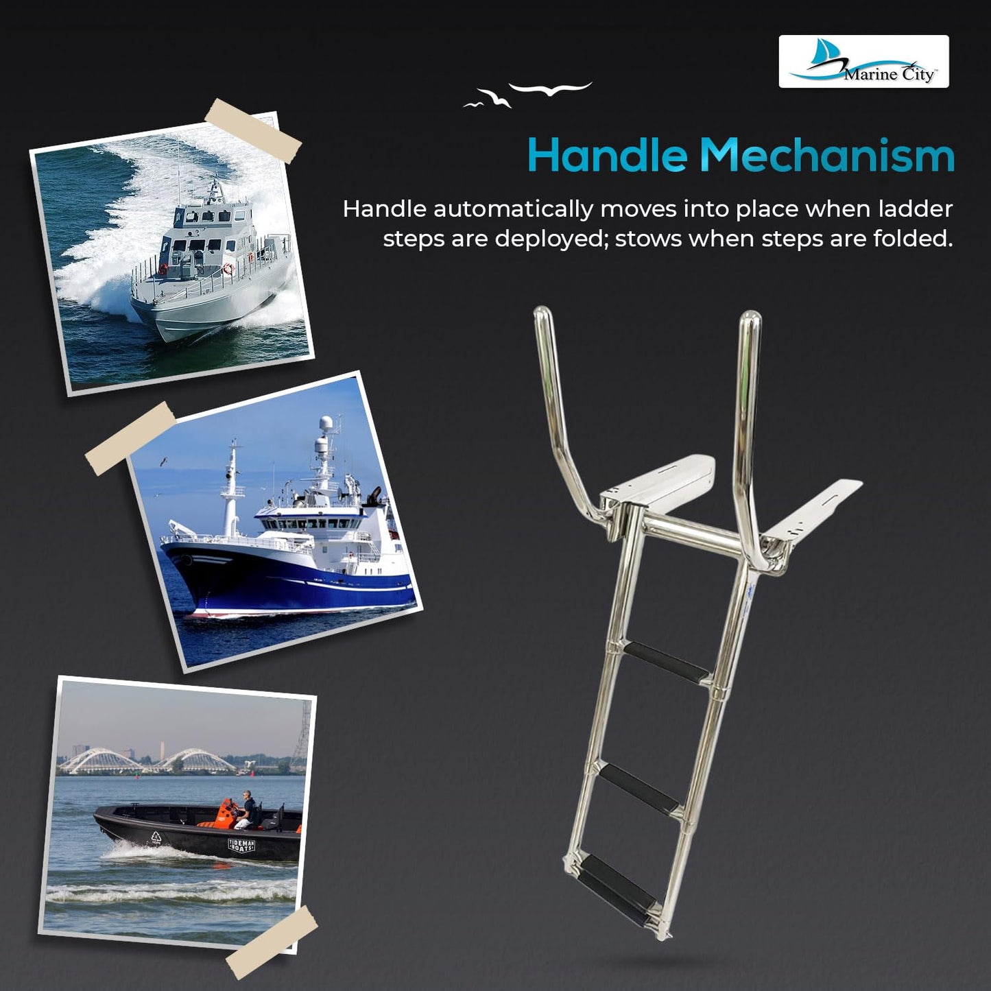 MARINE CITY 3-Step Under Platform Telescoping Boat Ladder with Retractable Handrail – 316 Stainless Steel, Rust-Resistant, 400 lbs Capacity, Space-Saving Design for Boat & Yacht