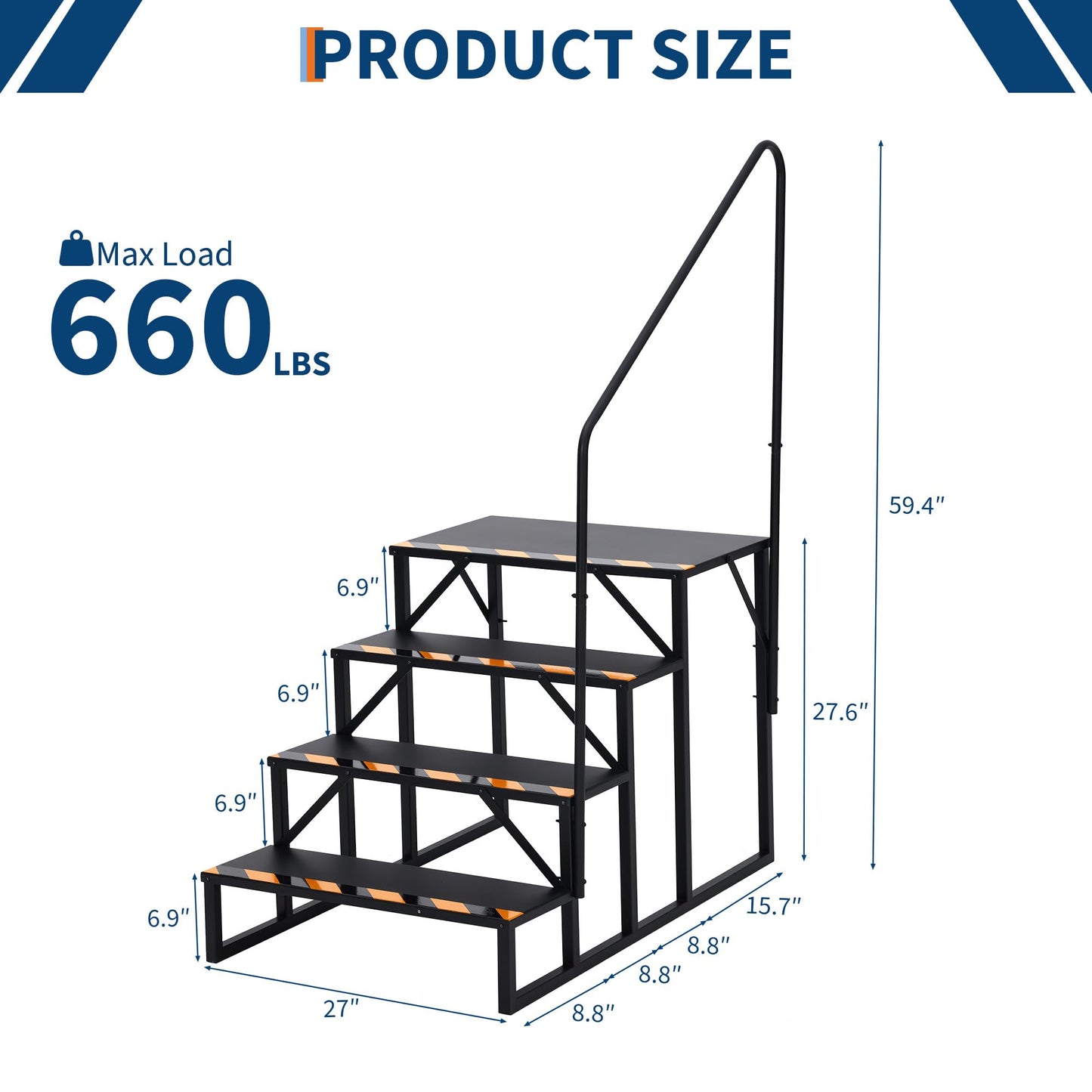 RV Steps with Handrails, 4 Step RV Stairs 660 Lbs Load Capacity,Portable Stairs Steps Steel Travel Trailers Ladder Step Ladder with Anti-Slip Panel, Mobile Home Stairs for Travel Trailers