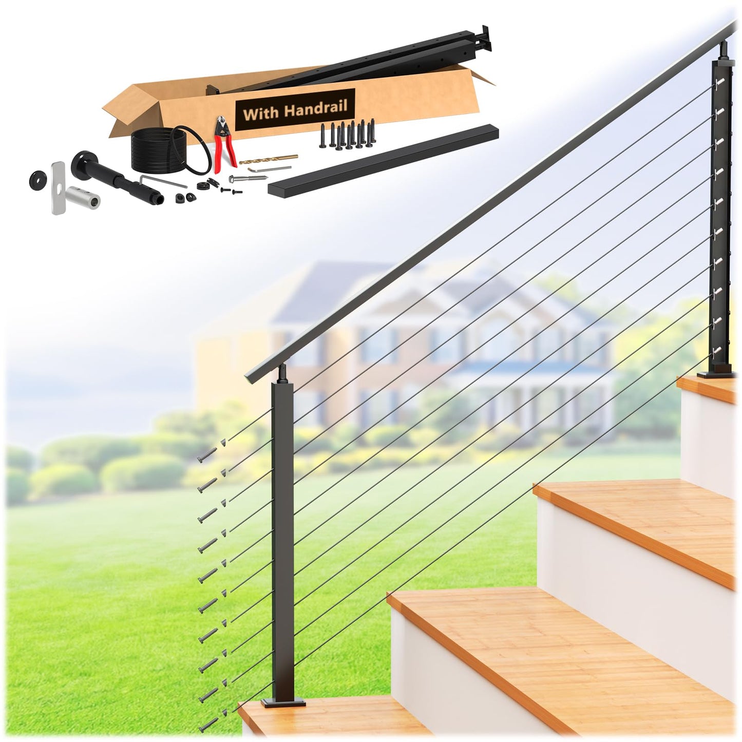 Zylorix 36" Swageless 2-4FT Black Complete Cable Railing System Post Kit with Handrail Cuttable, T304 Stainless Steel, Modular Pre-Cut 1/10" Cable Railing Kit with Stair Post for 28-38 Degree Stairway
