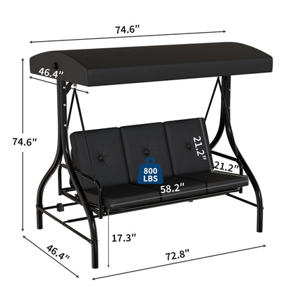 3-Seat Outdoor Porch Swing with Adjustable Canopy, Patio Swing Chair with Stand, 800 Lbs Heavy Duty Steel Frame, Reclines to 180° Swing Bed, Cup Holder Trays, Cushions & Pillows for Garden, Black