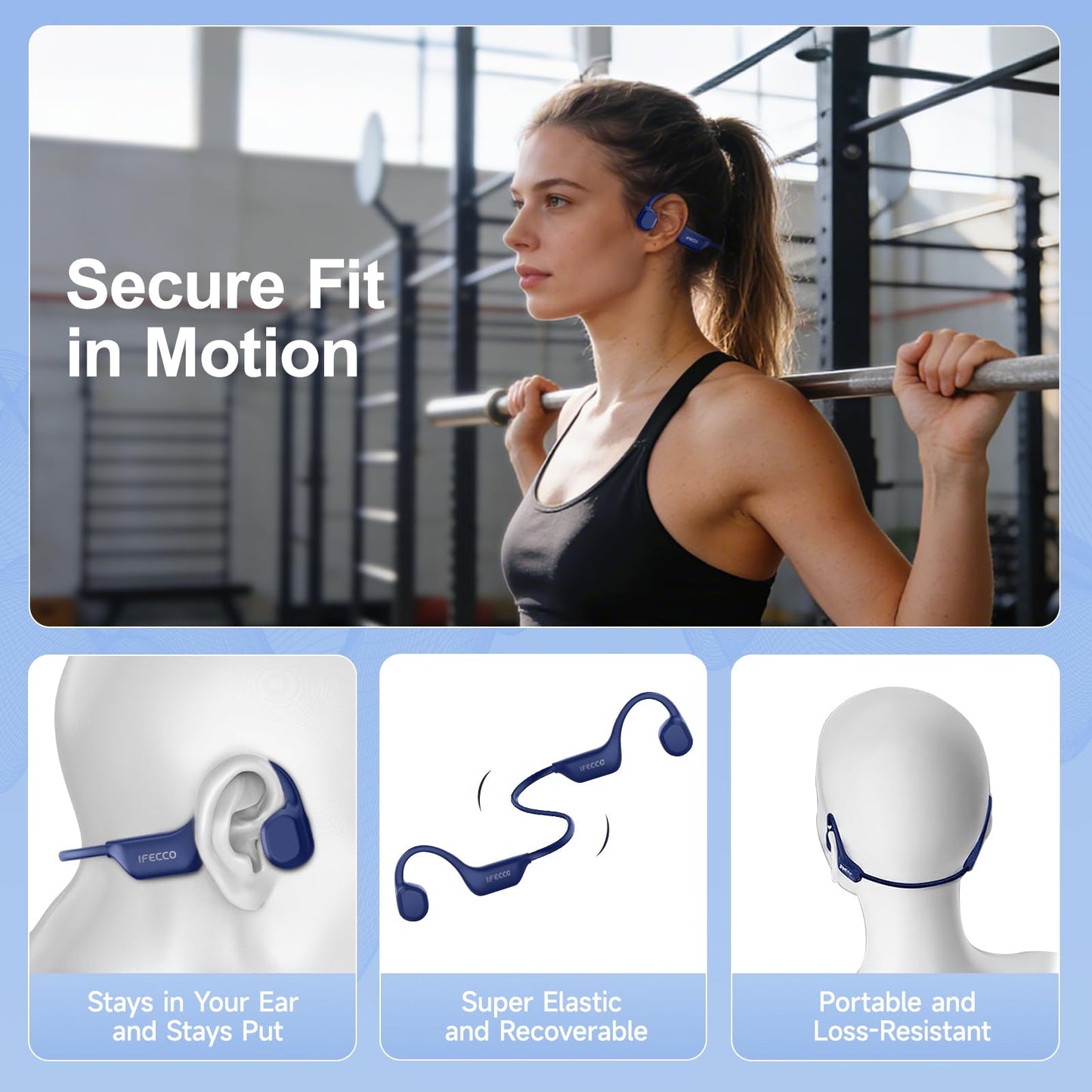 IFECCO Bone Conduction Headphones Bluetooth 6.0 - IP67 Waterproof Bone Conduction Headphones with Mic,Wireless Open Ear Earbuds for Running Gym Walking Cycling (Blue)