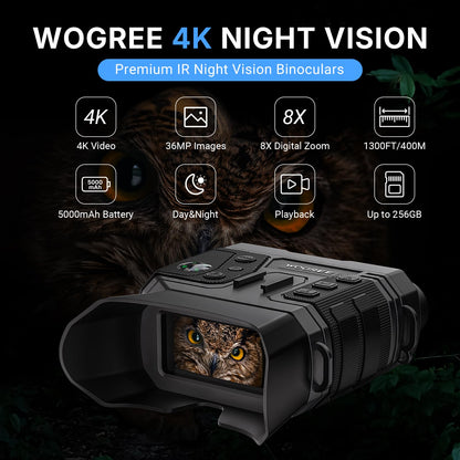 WOGREE Night Vision Goggles, 4K Night Vision Binoculars for Adults, 36MP Photo, 5000mAh Rechargeable Battery, 1300FT Range, 8X Digital Zoom, Infrared Vision, 32GB SD, Flashlight & Compass for Camping