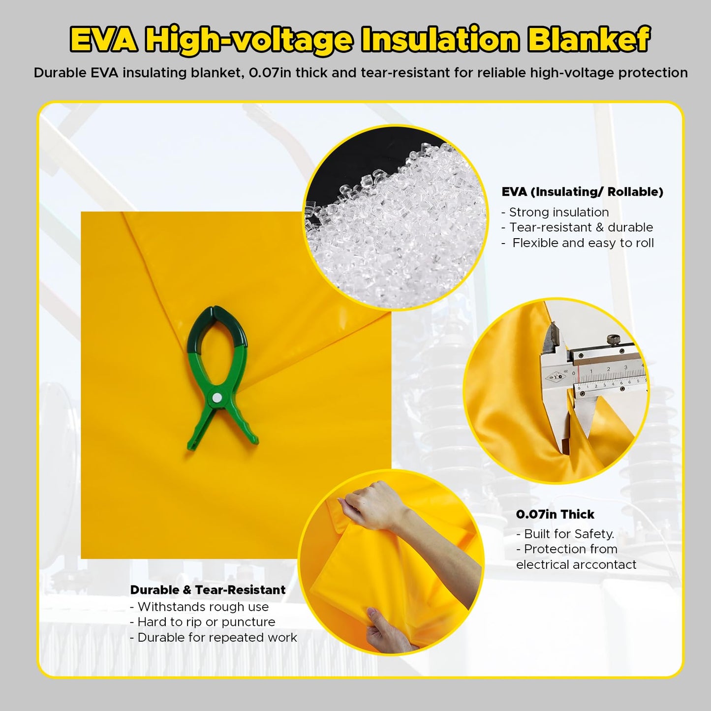 3.3' x 4.9' 17KV High Voltage Insulating Blanket with 4 Safety Clamps - EVA Electrical Insulated Mat for Substation Distribution Room, Yellow