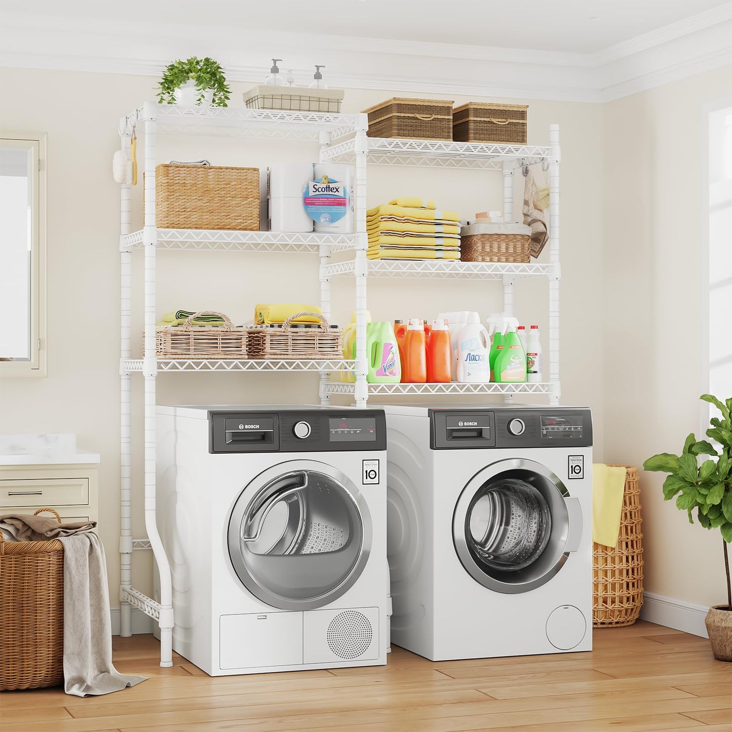 ULIFHOME U15 Over Washer and Dryer Storage Shelves, Laundry Above Washer Dryer Storage Rack Space Saver, 6-Tier Wire Shelf with 4 Hooks for Organization, 63.4"W x 17.3"D x 76.4"H, Holds 568lbs, White