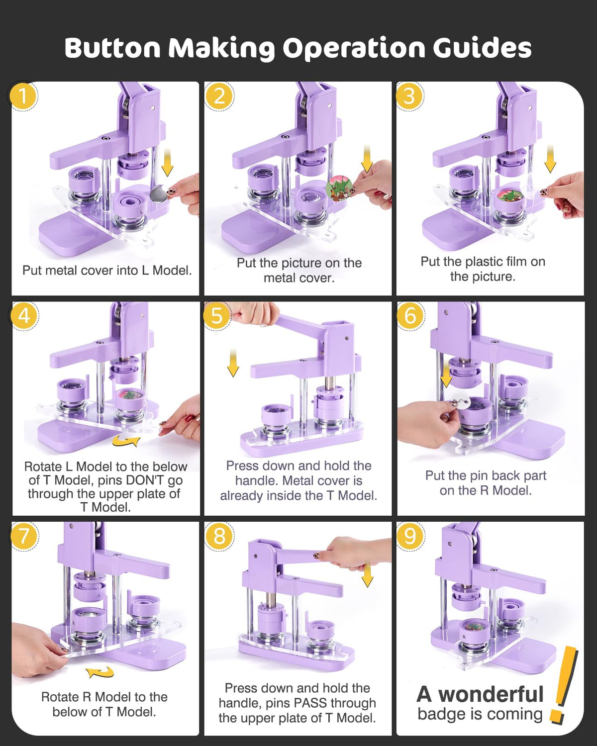 Alldeer Button-Maker-Machine Kit 32mm /1.25 inch, Button Press Machine 32mm, Easy-to-use Rotate Models, Pin Maker Kit with 100 Sets Plastic Supplies, DIY Small Badges, Starting Creative Project