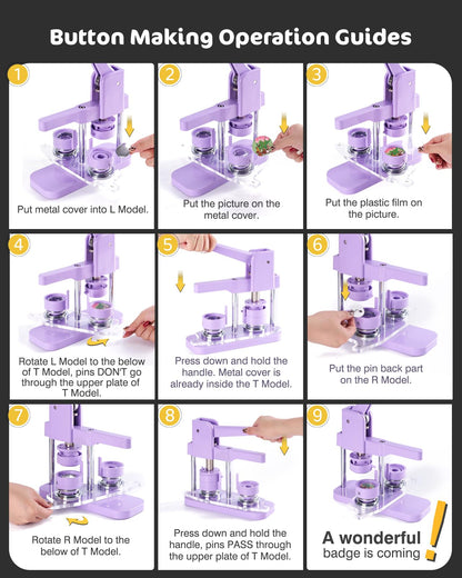 Alldeer Button-Maker-Machine Kit 32mm /1.25 inch, Button Press Machine 32mm, Easy-to-use Rotate Models, Pin Maker Kit with 100 Sets Plastic Supplies, DIY Small Badges, Starting Creative Project