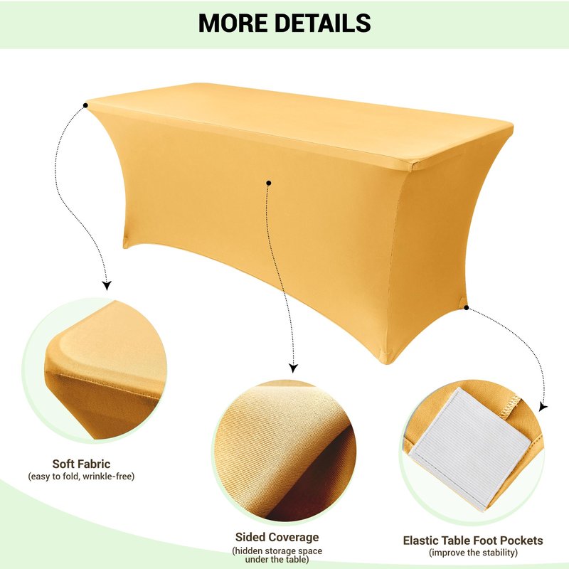 Obstal 8Ft Stretch Spandex Table Cover for Standard Folding Tables - 2 Pack Universal Rectangular Fitted Tablecloth for Party, Banquet, Events, Trade Show (Gold, 96L x 30W x 30H Inches)