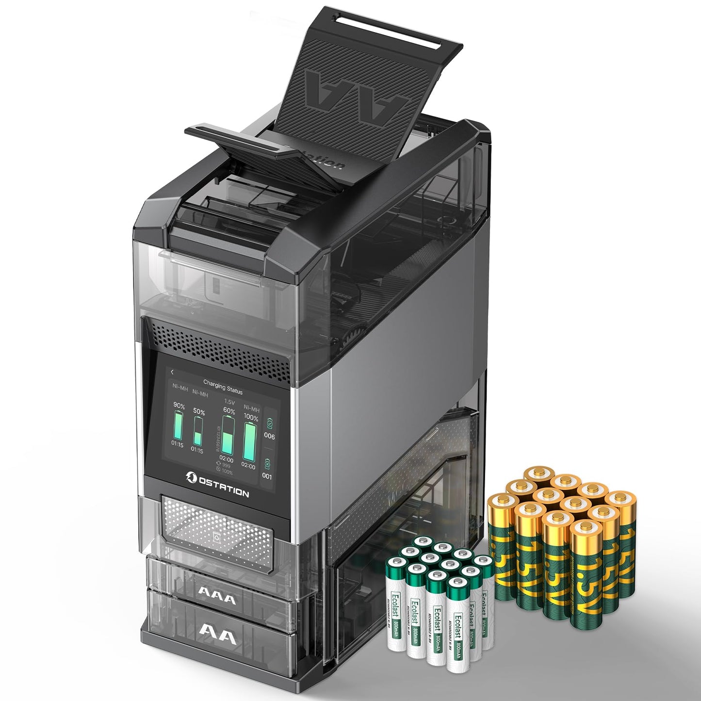 Ostation 2 Pro AA AAA Battery Charger Charging Station with 12 AA Li-ion & 12 AAA NiMH, 3 in 1 Polarity-Free Charger Organizer for NiMH & Lithium, Touchscreen & App, Auto-Detect & Sort, Holds 24 Cell