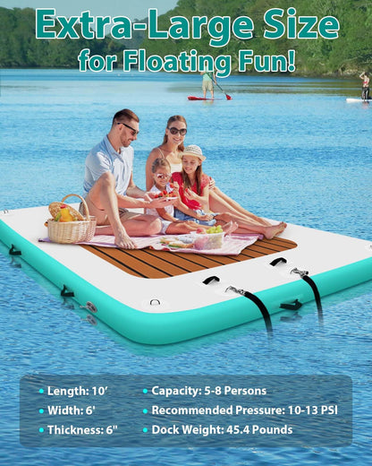 WUHUWOO Inflatable Floating Dock 10 * 6FT Inflatable Platform for Lake Sea Swimming Pool Water Boat Raft Island Floats with Storage Bag