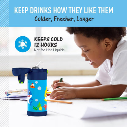 THERMOS FUNTAINER Water Bottle - 12 Ounce Kids Stainless Steel Vacuum Insulated - Baby Shark Design