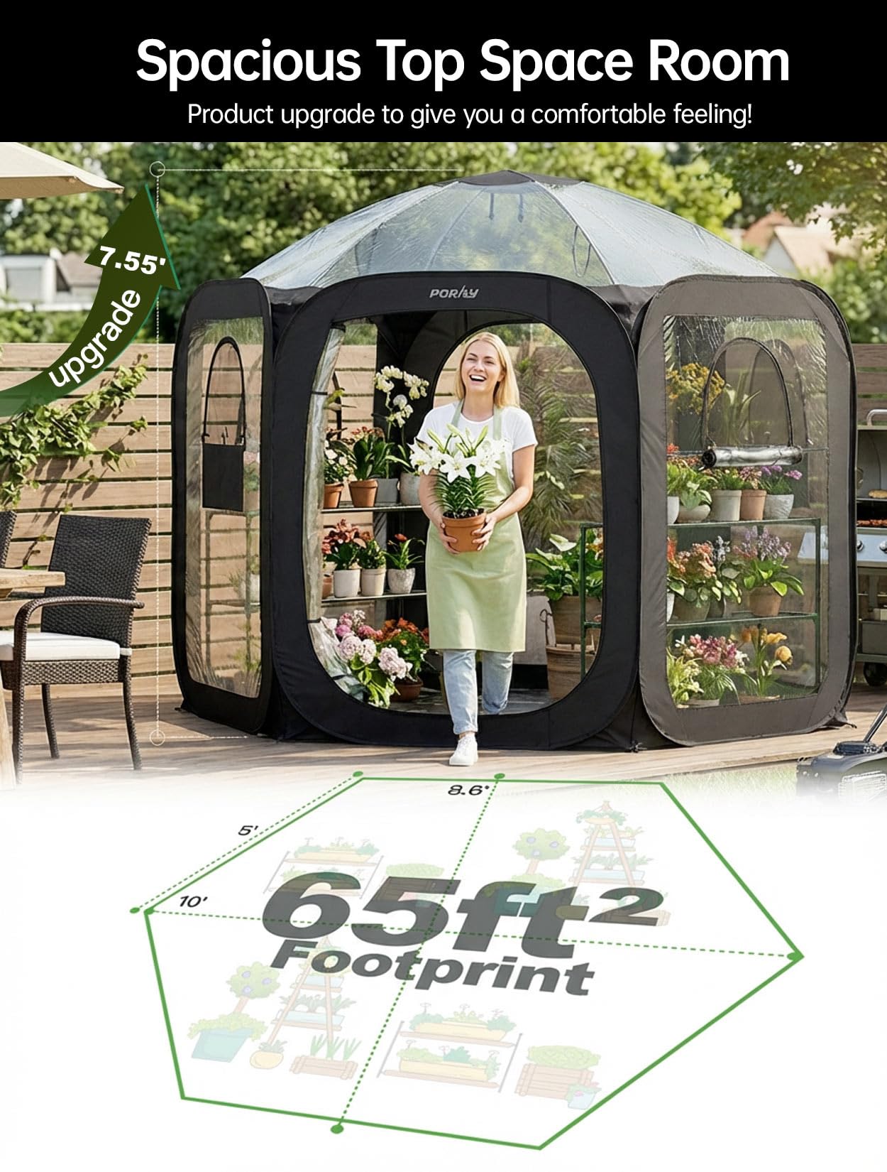 Porayhut Pop Up Greenhouse Tent,Portable Large Walk-in Plant House 10’X10’ ,Indoor Outdoor Gardening Plant Sunshine Room with PVC Mesh Cloth Cover for Protecting Plant from Cold Frost & Birds