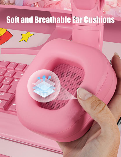 ZIUMIER Gaming Headset with Detachable Cat Ears, Compatible with PS4 PS5 Xbox One PC Laptop, Over-Ear Headphones with LED Light, Noise Canceling Mic, Stereo Surround Sound (Pink Cat)