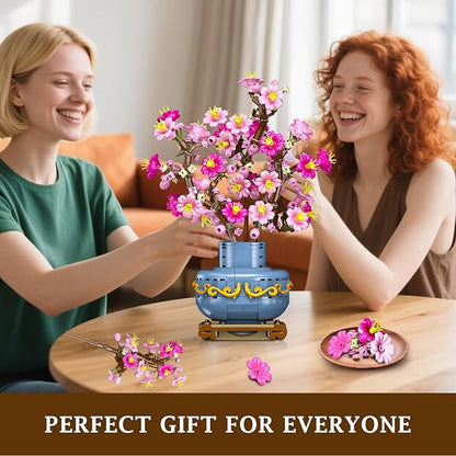 HOGOKIDS Flowers Cherry-Blossom Bonsai Building Set - 2 in 1 Artificial Bonsai Tree Plants for Home Decor &amp Display Cherry Botanical Building Blocks Birthday Easter Gift for Adults Teens (775PCS)