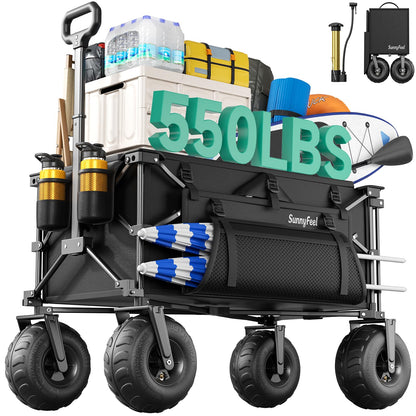 SUNNYFEEL Beach Wagon with Big Wheels for Sand, 550LBS Heavy Duty, 300L Foldable Beach Cart with 9" Balloon Wheels, Collapsible Wagon Cart with Adjustable Handle for Camping, Garden, Outdoor, Black