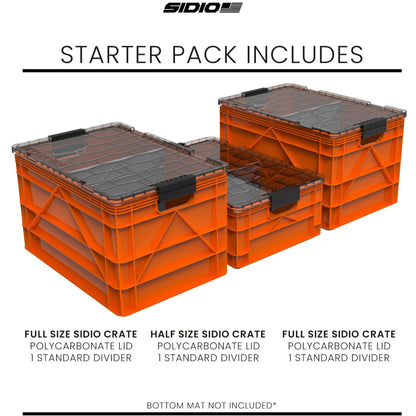 SIDIO CRATE Starter Pack - Two Full Size and One Half Size SidioCrate, Stackable Outdoor Organizer Storage Bins with Clear Lid and Dividers - Orange