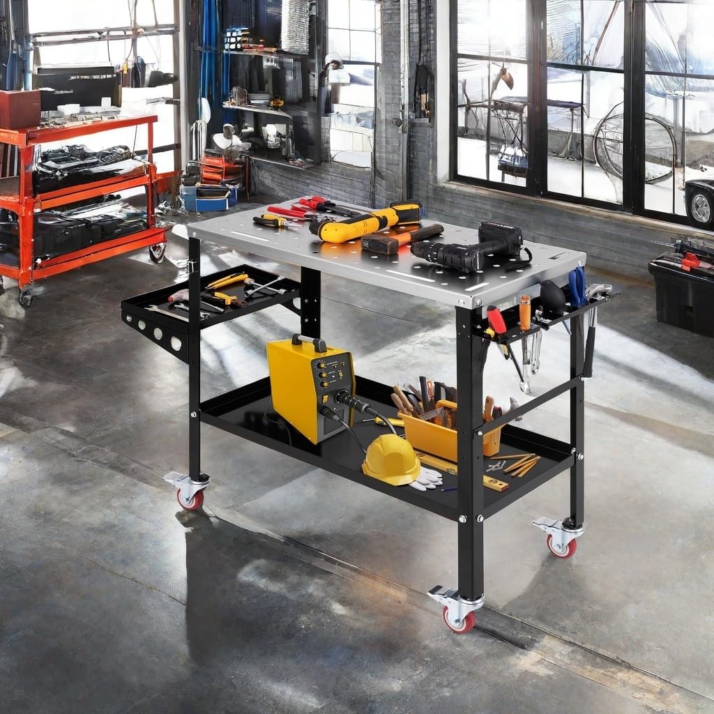 ERGOMASTER Welding Table 36'' x 18'',1200LBS Steel Weld Workbench with Wheels, 8 Tool Slots and 5/8" Fixture Holes for Welder Garage & Workshop