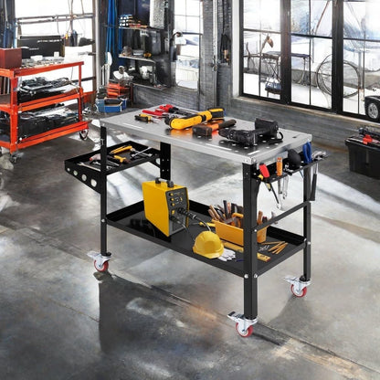 ERGOMASTER Welding Table 36'' x 18'',1200LBS Steel Weld Workbench with Wheels, 8 Tool Slots and 5/8" Fixture Holes for Welder Garage & Workshop