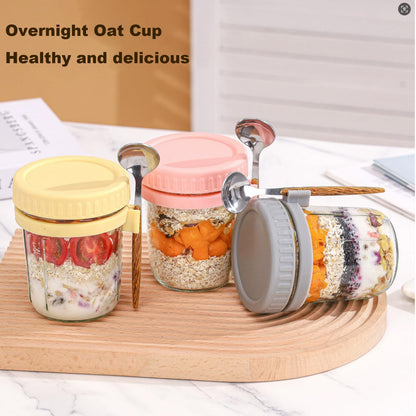 6-Pack overnight oats container, with Lids and Spoons 16 Oz Glass Mason Jars for, Large Capacity Leak Proof overnight oats jars，for Cereals, Fruits, Vegetables, Milk Salads, Yogurt.