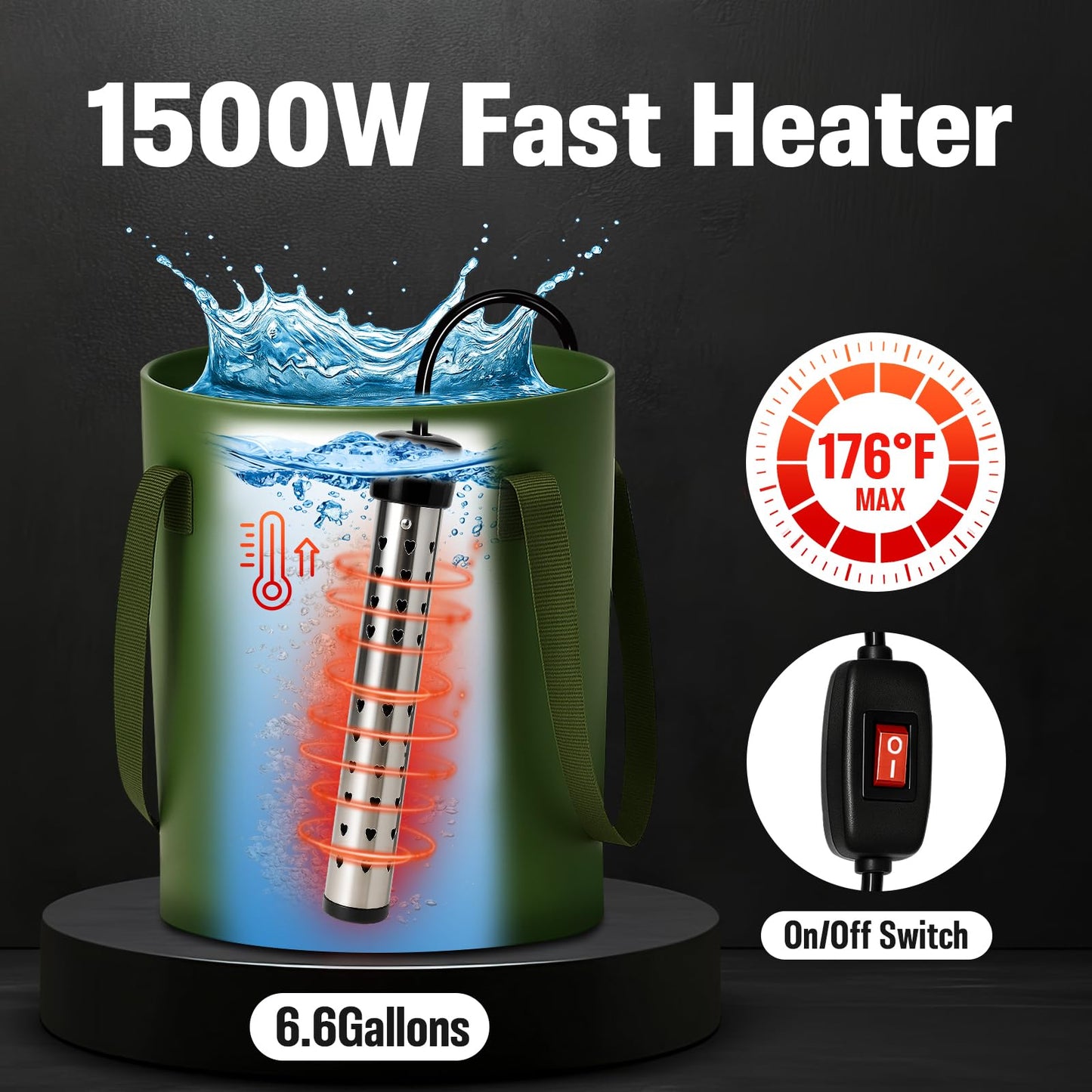 Portable Shower with Heater, Pop Up Camping Shower Privacy Tent Kit with LED Lights, 6000mAh Rechargeable Shower Pump, 6.6 Gal Foldable Bucket, Outdoor Camp Shower Kit for Travel, Pet Bath, Car Wash