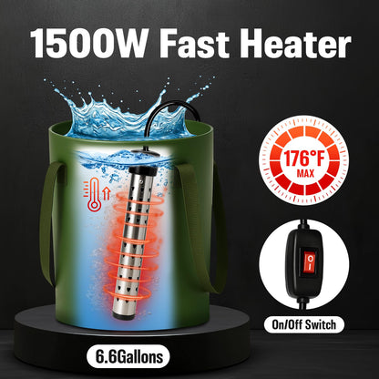 Motivekit™ Portable Camping Shower Tent Kit with LED Lights | 6.6 Gallons Foldable Bucket, 6000mAh Shower Pump, 6' 7" Shower Head, 1500W Immersion Heater, Summer Beach Outdoor Shower for Hiking Beach