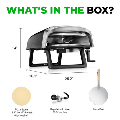 NutriChef Outdoor Pizza Oven with 360° Rotating Pizza Stone | Cooks 12" Pizza in 60 seconds | Adjustable Heat Control Dial, Includes Pizza Peel, Stone & Regulator with Hose | Short Handle