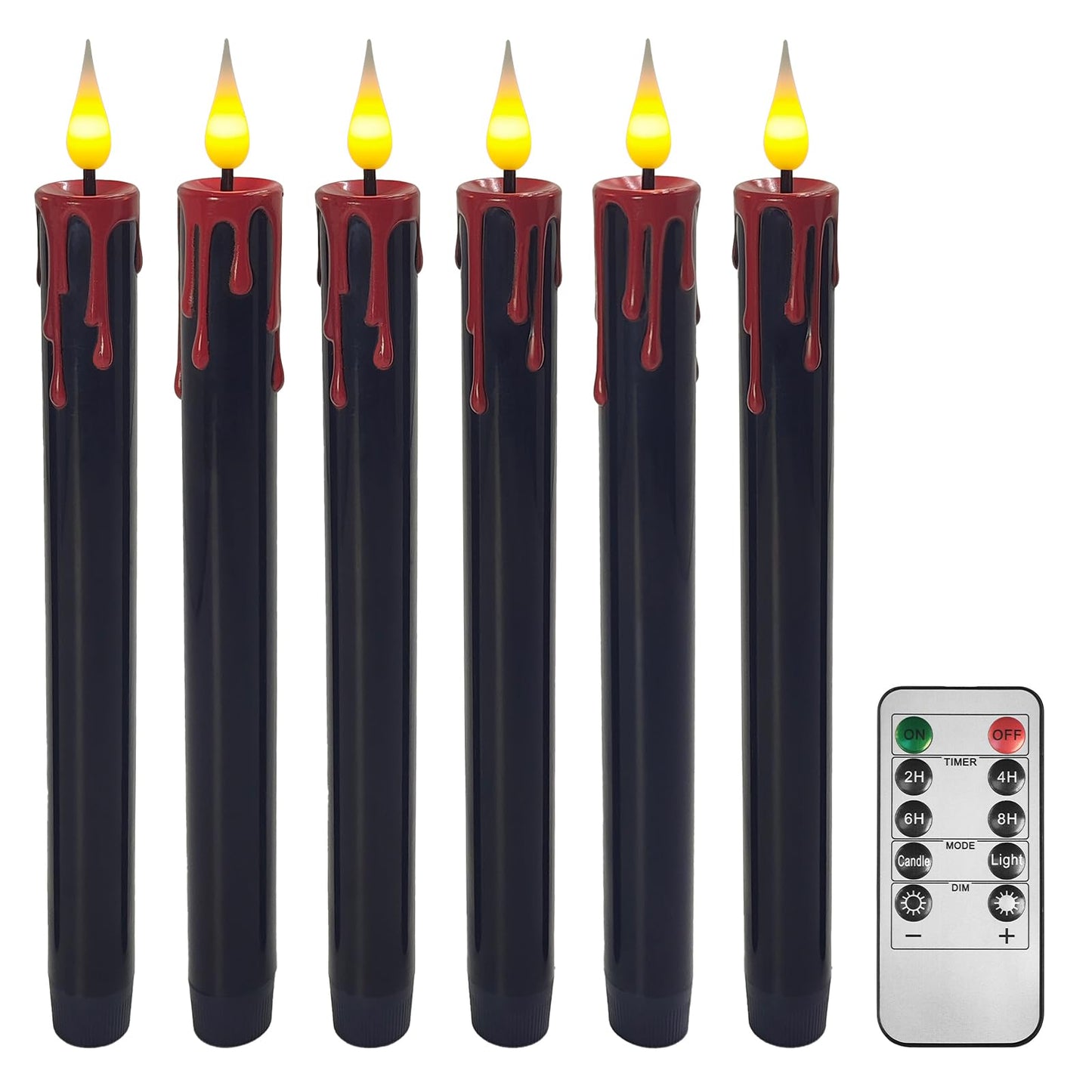ODTRAM Flameless Taper Candles with 3D Flickering Effect Blood Dripping & 10-Key Remote，Taper Candles Battery Operated for Halloween Spooky Horror Home Decoration - Set of 6 Black(0.8" x 10")