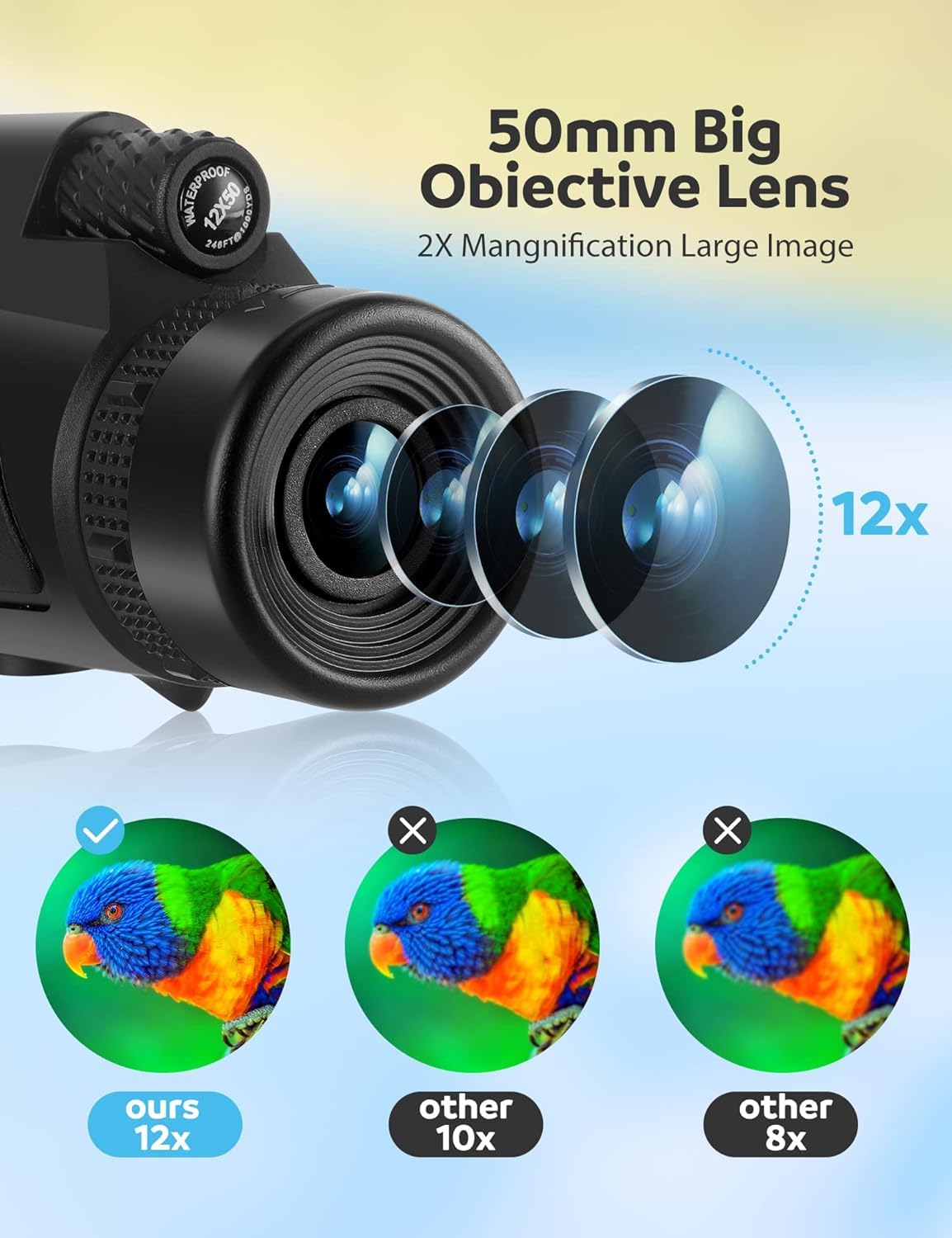 12x50 High Power HD Monocular Telescope with Phone Adapter & Tripod, Waterproof Compact Monocular for Bird Watching, Hiking, Camping - Clear Low Light Vision