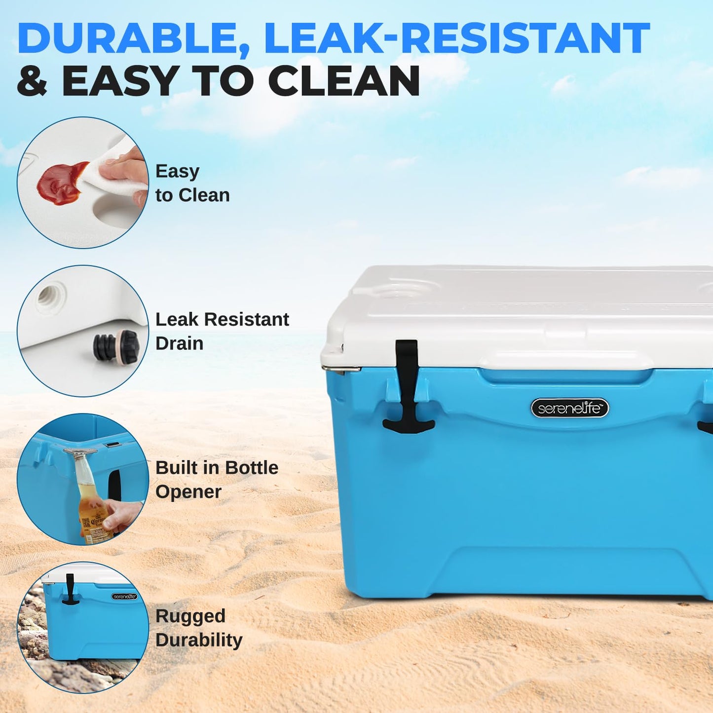 35 Quart Portable Cooler Box - Lightweight Heavy-Duty Travel Ice Cooler with 2-Way Handles, Drain - 5 Days Ice Retention, Holds 63 12-Ounce Cans & 2-Liter Bottles - SereneLife SLCB35BL (Blue)