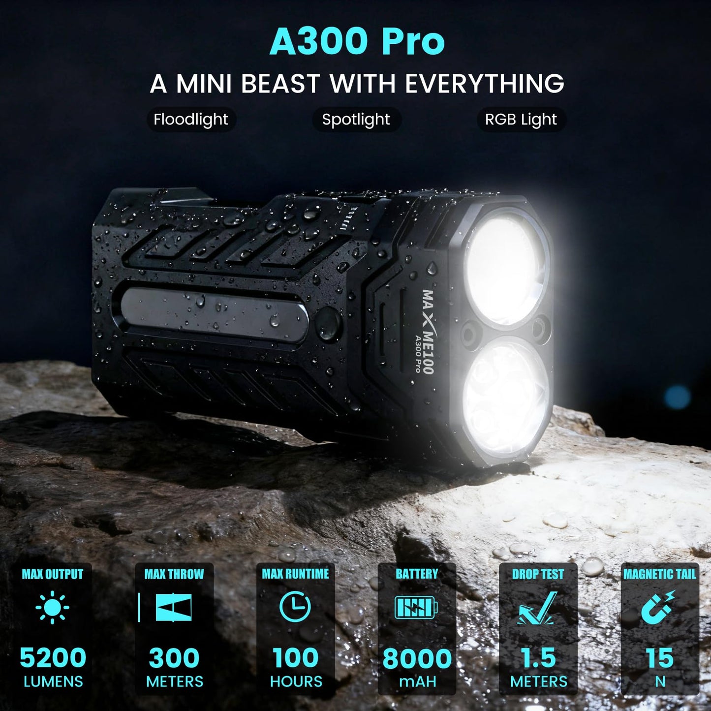 MAXME100 A300 Pro 5200 High Lumens Flat LED Flashlight 6700K, 8000mAh, Sidelight Floodlight and Spotlight, Rechargeable, Magnetic Tail