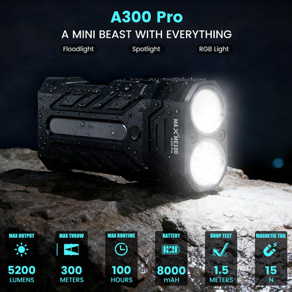 MAXME100 A300 Pro 5200 High Lumens Flat LED Flashlight 6700K, 8000mAh, Sidelight Floodlight and Spotlight, Rechargeable, Magnetic Tail