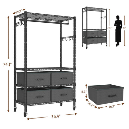 VyGrow Clothes Rack, Heavy Duty Clothing Rack for Hanging Clothes, 4-Tier Adjustable Closet Organizer with 4 Drawers | Hanging Rod | Side Hooks | Load 445lbs | 15.7" D x 35.4" W x 74.1" H