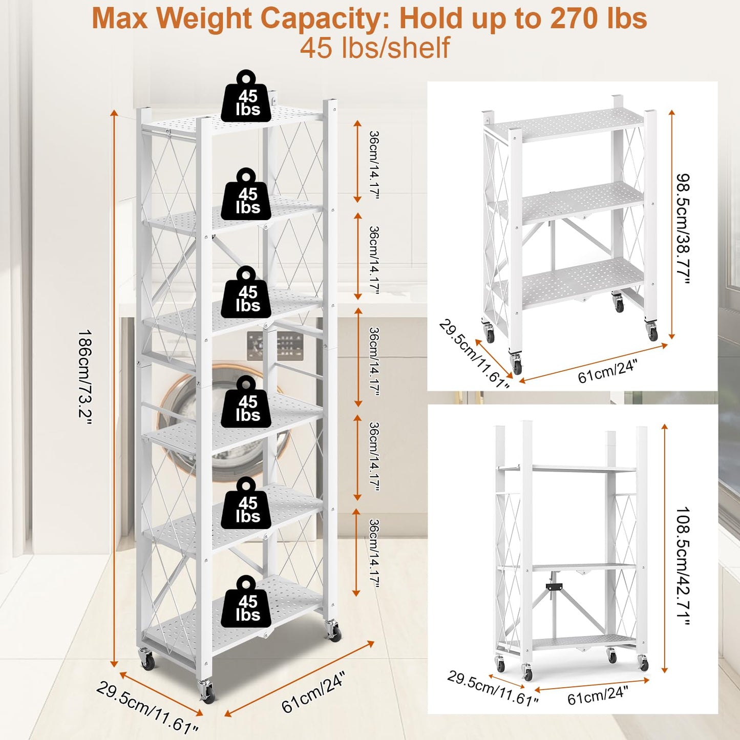 Yuanjimi 6-Tier Foldable Storage Shelves with Wheels, Folding Metal Shelf Unit, Folding Bookshelf no Assembly, Collapsible Shelves for Craft Shows for Kitchen, Bedroom, Living Room, White