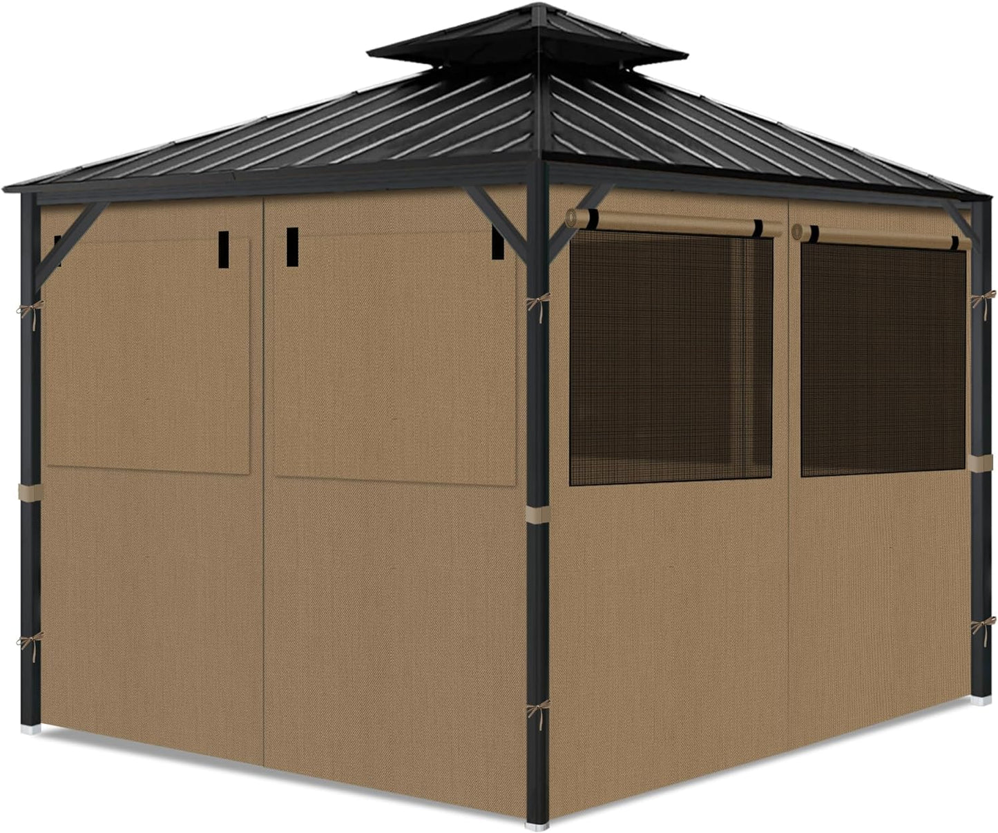 aonear Gazebo Privacy Curtains 10' x 10' with Mosquito Windows, 4-Panels Side Wall with Zipper Universal Replacement for Patio, Outdoor Canopy, Garden and Backyard, Khaki (Curtain Only)