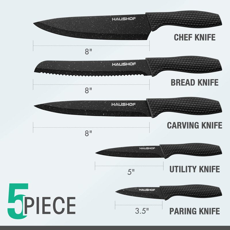 HAUSHOF Kitchen Knife Set, 5 PCS Knife Sets with Arcylic Block, Teflon Coated Black Knives Set for Kitchen, Premium Stainless Steel Knives Set with Ergonomic Handle, Great for Slicing, Dicing&Cutting